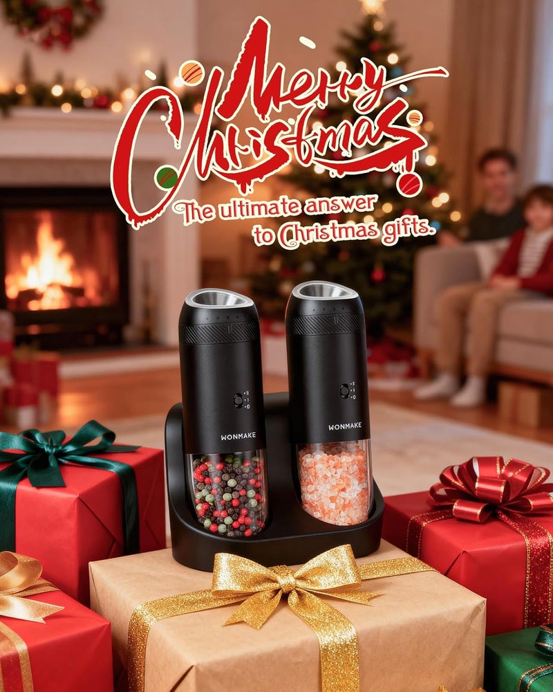 WONMAKE Gravity Electric Salt and Pepper Grinder Set with Charging Base, Automatic Salt and Pepper Mill, 6-Level Adjustable Coarseness, Dual Speed, and Large 5.95oz Capacity - Image 2